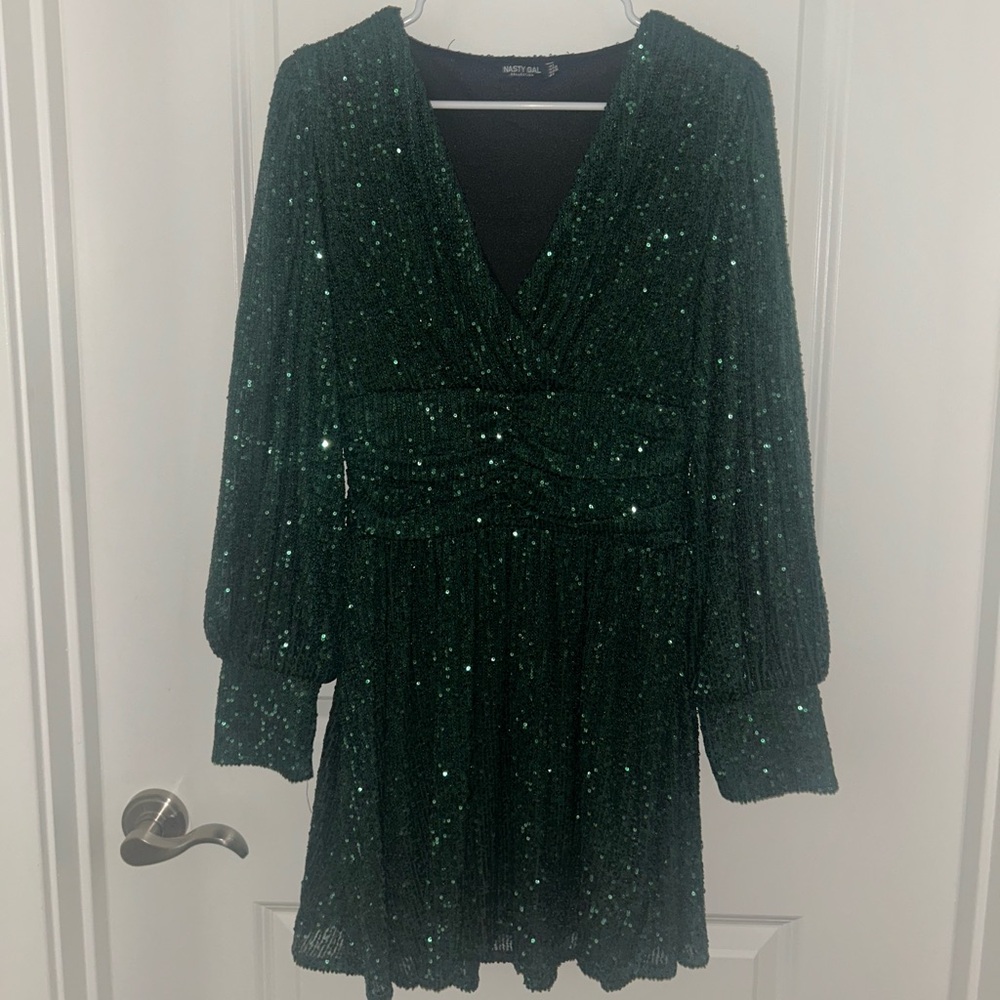 Nasty Gal Forest Green Sequin Long Sleeve Mini Dress